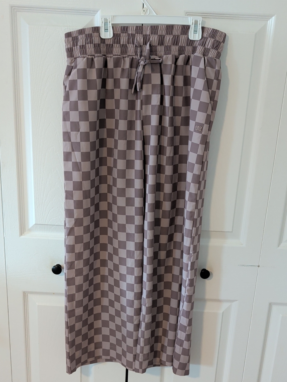 Albion Neutral Checkerboard Drawstring Skirt in Taupe and Cream